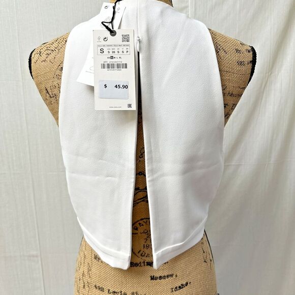 New ZARA Women's White Sleeveless Cowl Neck Cropped Top Blouse Sz S - Picture 9 of 16